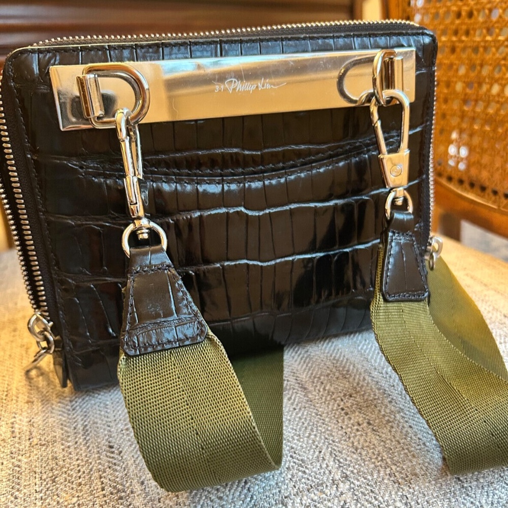 3.1 Phillip Lim Ray Triangle Croc Embossed Leather Crossbody Bag - Black